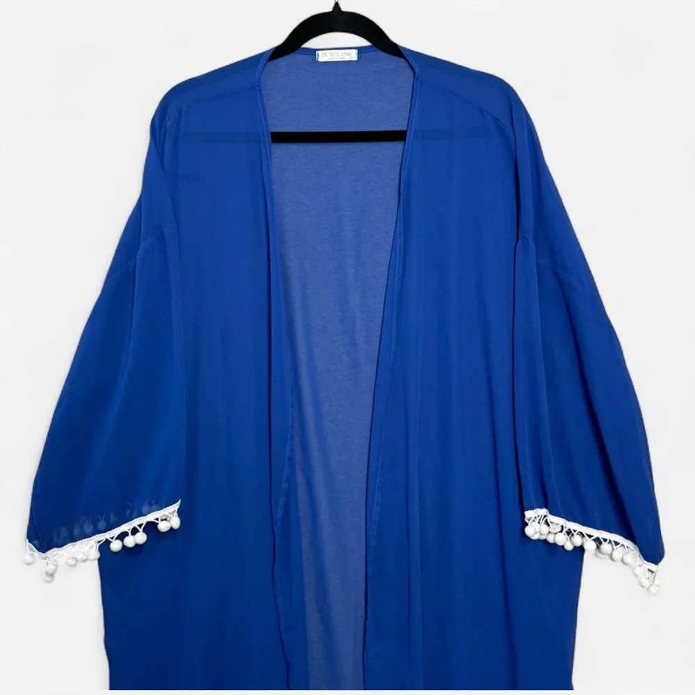 Blue Kimono with White‎ Pom Pom Trim